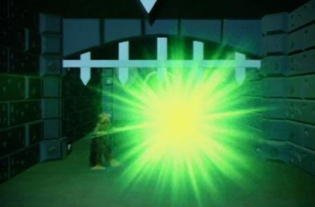 Knightmare Series 8 Team 5. A green explosion as Rebecca collides with a mireman.