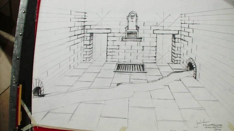 A sketch of a new dungeon room by artist David Rowe at the Knightmare Convention 2014