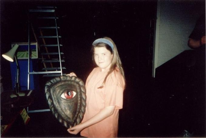 Paul Boland's sister with the Eye Shield. From their 1993 visit to the studios.