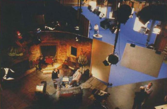 An aerial shot of the whole Knightmare studio, with antechamber and bluescreen.