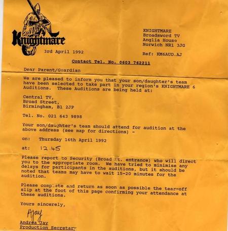 An audition letter from 1992 inviting the team to Birmingham.