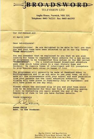 A post-audition letter from 1992 confirming the team have made the shortlist.