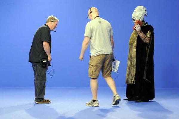 Creator of Knightmare, Tim Child, makes arrangements on set for the YouTube Geek Week episode in 2013.