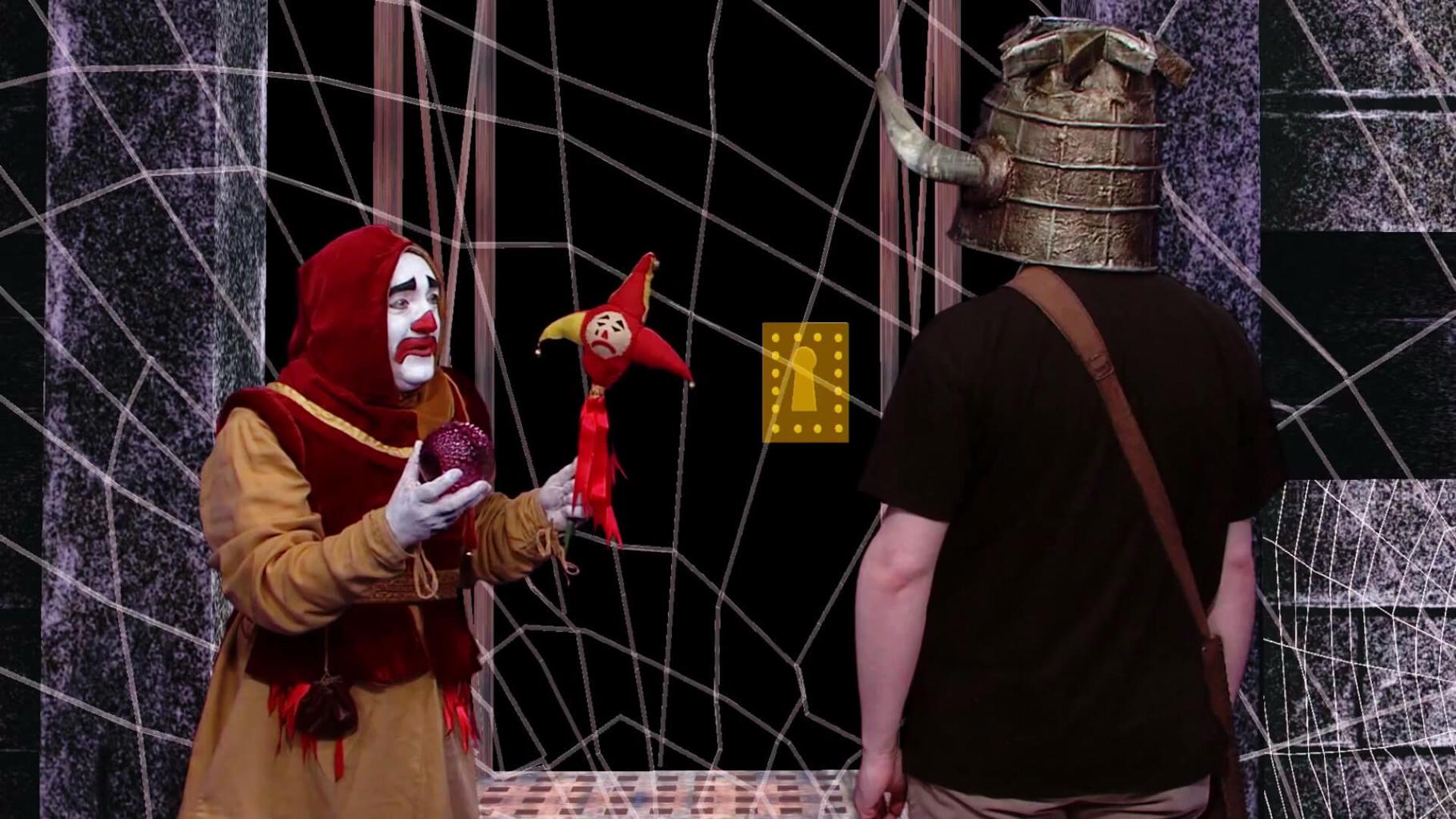 Sylvester the Jester (Nick Collett) in the Geek Week episode of Knightmare (2013)