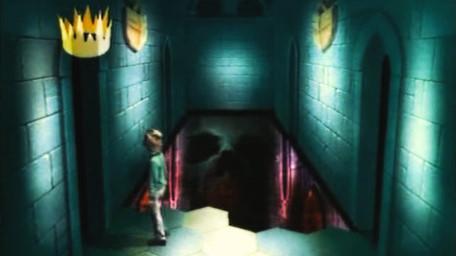 The Corridor of the Catacombs, based on a handpainted scene by David Rowe, as shown on Series 2 of Knightmare (1988).