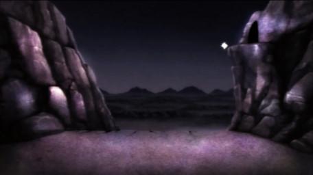 The end (cliff sequence) of Death Valley, based on a handpainted scene by David Rowe, as shown on Series 3 of Knightmare (1989).