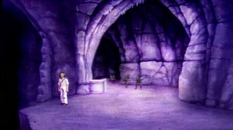 The final part of Death Valley, based on a handpainted scene by David Rowe, as shown on Series 3 of Knightmare (1989).