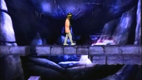 The collapsing bridge, based on a handpainted scene by David Rowe, as shown on Series 4 of Knightmare (1990).