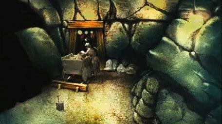 The first variant of the Mine, based on a handpainted scene by David Rowe, as shown on Series 2 of Knightmare (1988).