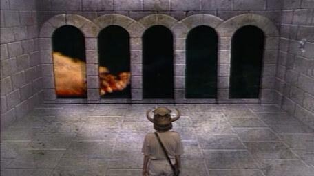 A variant of the Puzzle Room, based on a handpainted scene by David Rowe, as shown on Series 3 of Knightmare (1989).