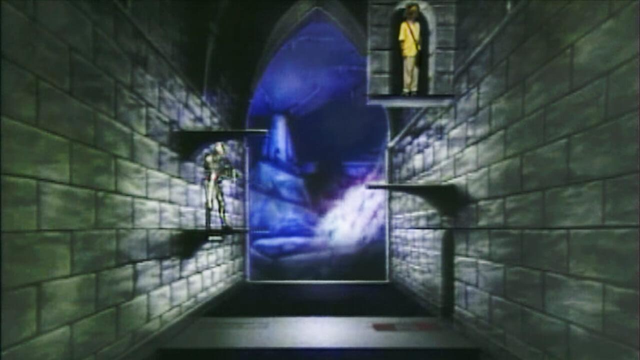The Transporter Pads challenge, with a waterfall in the distance. Seen in Series 4 of Knightmare.