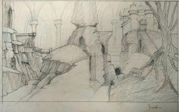 A pencil sketch of a new dungeon scene by Knightmare artist David Rowe.