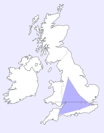 A UK map with dots to represent the locations of participating teams in Knightmare Series 5 (1991)