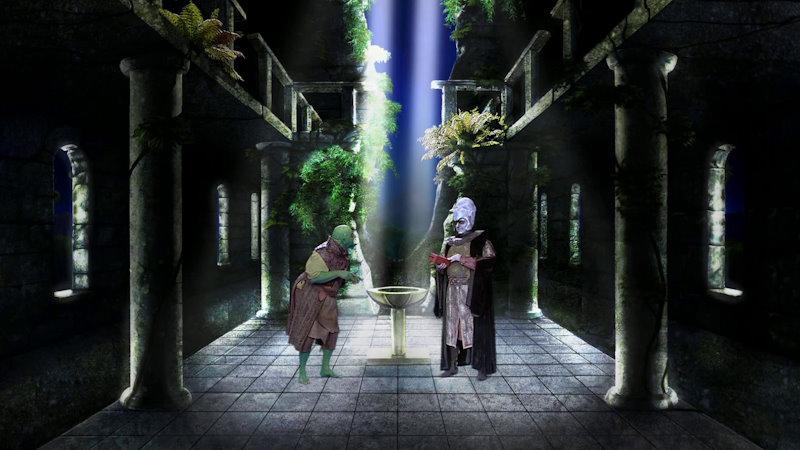 Lord Fear (Mark Knight) and Lissard (Cliff Barry) stood in conversation within Mount Fear, digitally remastered by David Rowe.