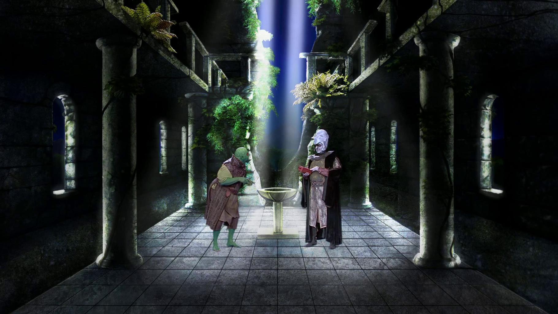 Lord Fear (Mark Knight) and Lissard (Cliff Barry) stood in conversation within Mount Fear, digitally remastered by David Rowe.