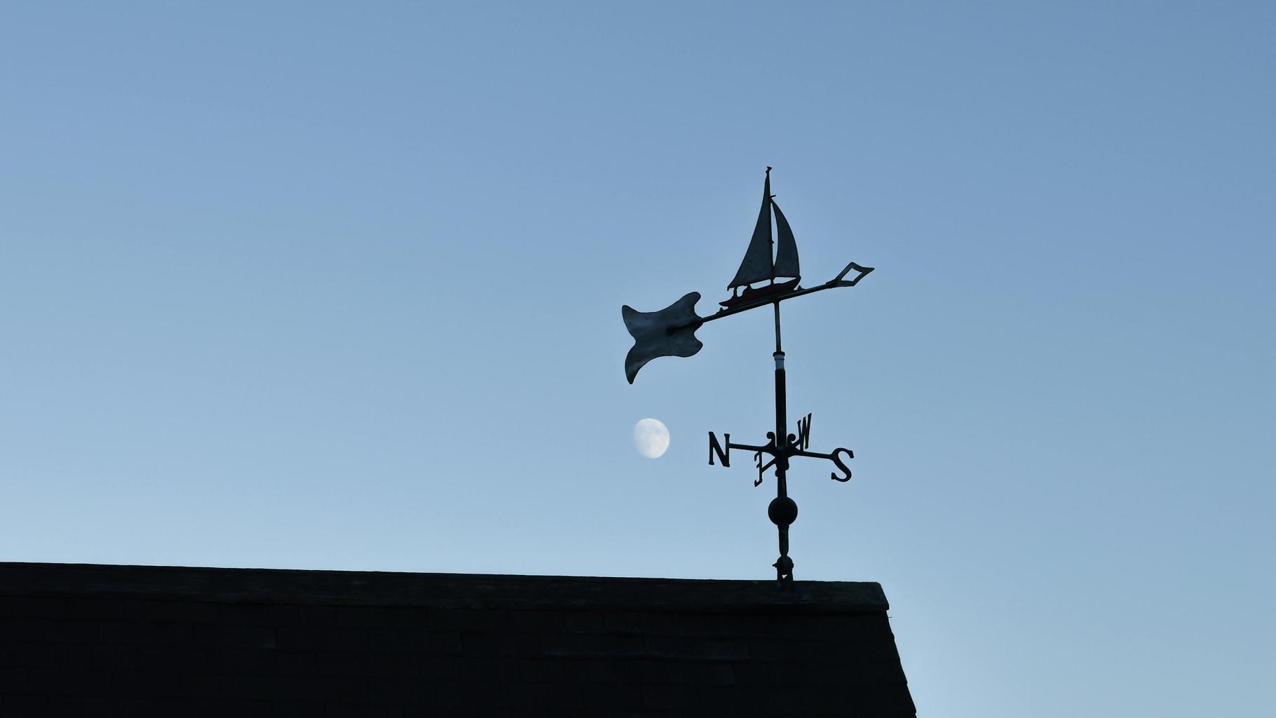 A weather vane on the top of a house pointing southwards