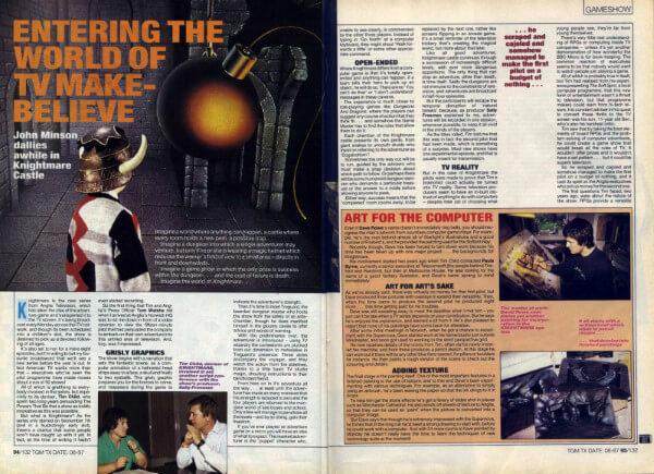 A preview of the first two pages of a 1987 article for The Games Machine, 'Entering the World of TV Make Believe'.