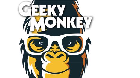 The banner graphic of the pop-culture magazine Geeky Monkey (a monkey wearing glasses), with the icon slightly left-aligned.