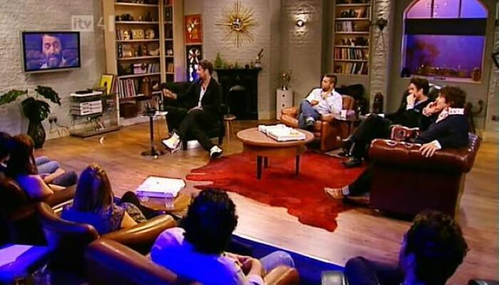 Richard Bacon's Beer and Pizza Club (2010). Presenters and guests turn to watch a clip of Knightmare.