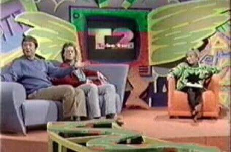 Sarah Greene, Tim Child and Bruno Brookes on the set of CBBC's discussion show, Take Two (1991).