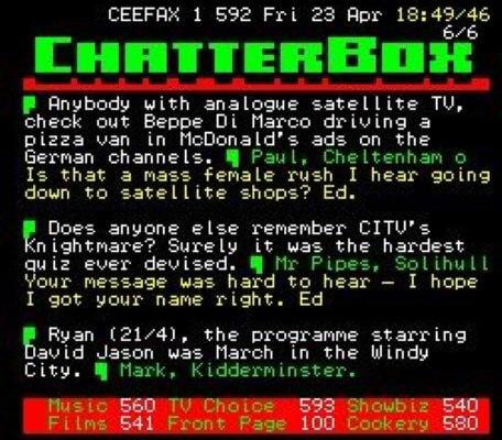 A capture of Chatterbox, a Teletext discussion page, from 1999.