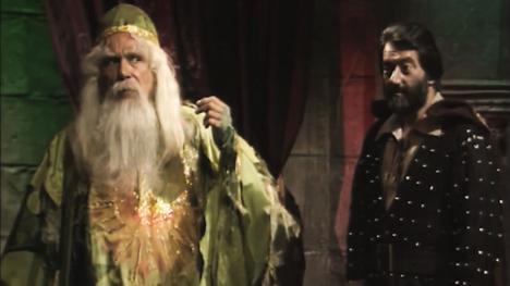 Merlin (John Woodnutt) and Treguard (Hugo Myatt) in Series 4 of Knightmare (1990).