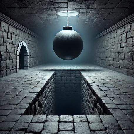 An AI generated Knightmare-inspired scene of a long bomb room with a long pit.