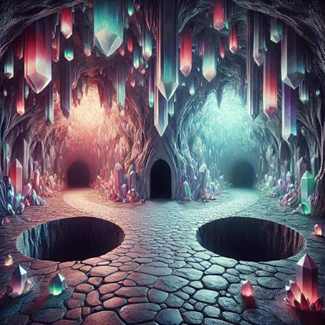 An AI generated Knightmare-inspired scene of a cave lit by long stalactite crystals hanging from the ceiling.