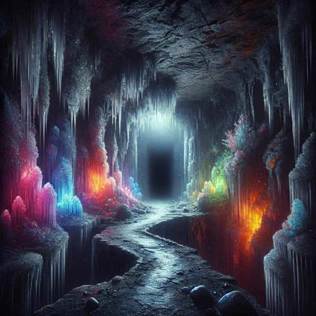 An AI generated Knightmare-inspired scene of a narrow pathway leading to an exit, lit by coloured crystals and minerals.