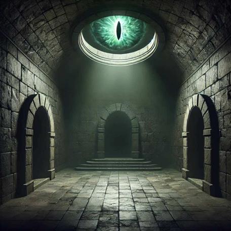 An AI generated Knightmare-inspired scene of a corridor overlooked by a piercing green eye from the ceiling.