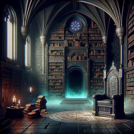 An AI generated Knightmare-inspired scene of a study or library, lit by a blue fog from a fireplace.