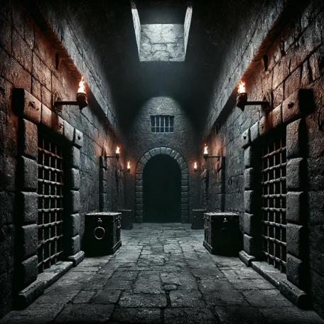 An AI generated Knightmare-inspired scene of a dank corridor with doors covered by gates, reminiscent of a prison.