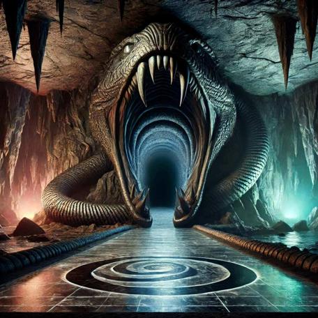 An AI generated Knightmare-inspired scene of a wide open serpent's mouth