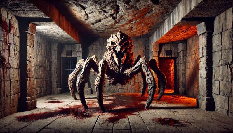 An AI generated Knightmare-inspired scene of a monstrous foe resembling a spider crab