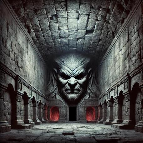 An AI generated Knightmare-inspired scene of a long chamber overlooked by the stone face of a guardian.