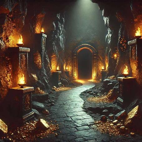 An AI generated Knightmare-inspired scene of a dark pathway through a cave, lit by torchlight and glittering minerals on the floor.