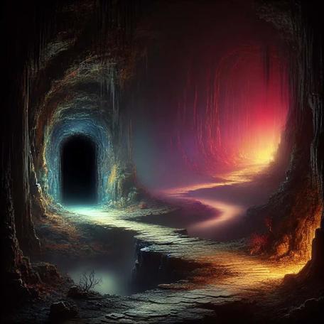 An AI generated Knightmare-inspired scene of a winding pathway with rich ambient lighting