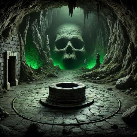 An AI generated Knightmare-inspired scene of a haunted room with a well, overlooked by a skull.