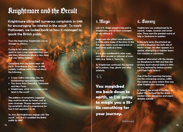 A preview of the 2025 magazine layout, featuring an item on Knightmare and the Occult.