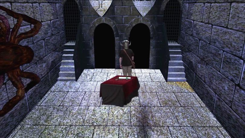 The dungeoneer is chased by Ariadne in the original Level 3 Clue Room, remastered for the Geek Week episode of Knightmare (2013).