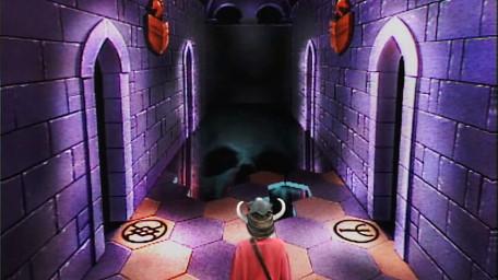 The Corridor of the Catacombs, based on a handpainted scene by David Rowe, as shown on Series 1 of Knightmare (1987).