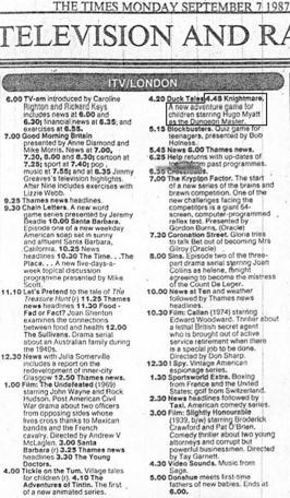 A television schedule for ITV on 7 September 1987, the day of the first episode of Knightmare.