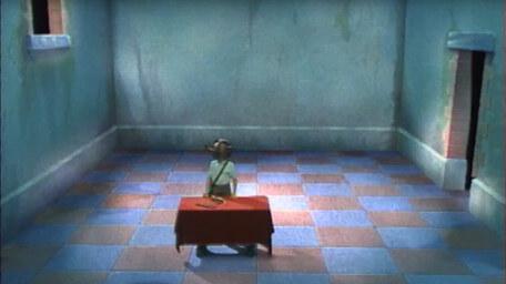 A variant of the Level 1 clue room, based on a handpainted scene by David Rowe, as shown on Series 1 of Knightmare (1987).