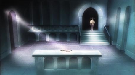A variant of the Level 2 clue room, based on a handpainted scene by David Rowe, as shown on Series 3 of Knightmare (1989).