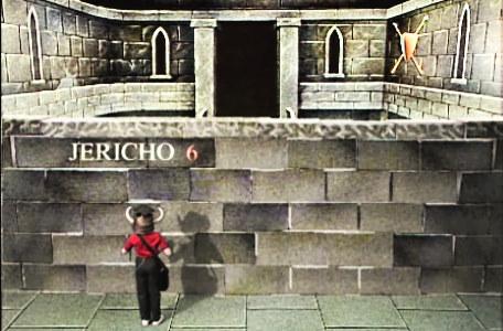 Knightmare Series 1 Team 6. Richard holds up a dagger at the Wall of Jericho.