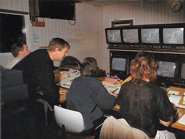A behind-the-scenes shot of Tim Child reviewing the action from the control gallery at Anglia Television.