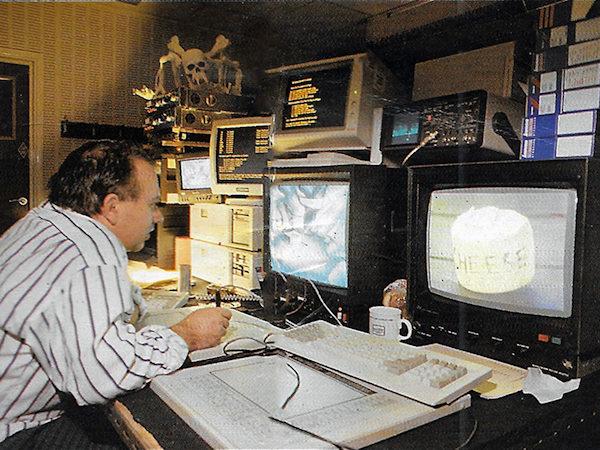Robert Harris of the Travelling Matte Company working on his graphics tablet to prepare the backdrop for a Knightmare scene (1988).