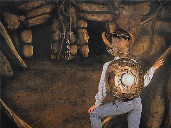 A mockup of a dungeoneer wearing the Helmet of Justice and a shield on their back ahead of the second series of Knightmare (1988).