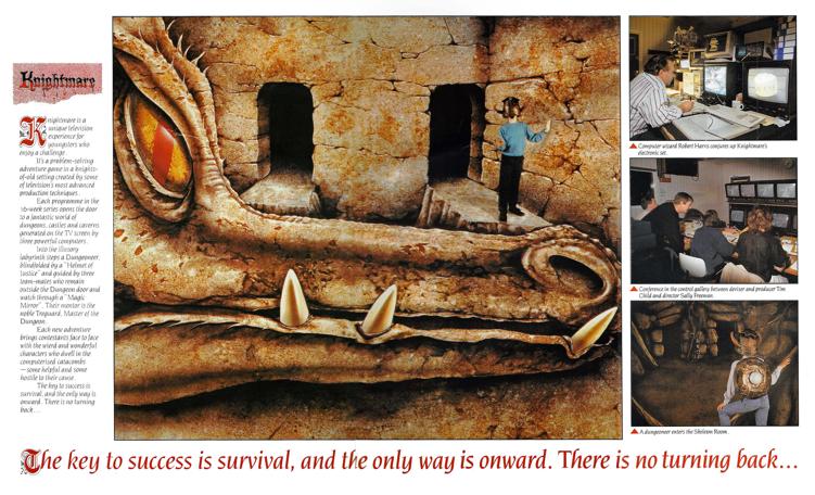 The second page of the 1988 press pack brochure. Features a centre spread of a dungeoneer in the Dragon Room, plus some behind-the-scenes shots of Tim Child and Robert Harris.