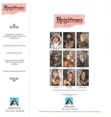 The final page of the 1988 press pack brochure for Knightmare Series 2. This includes a gallery of the characters and credits for Broadsword / Anglia.